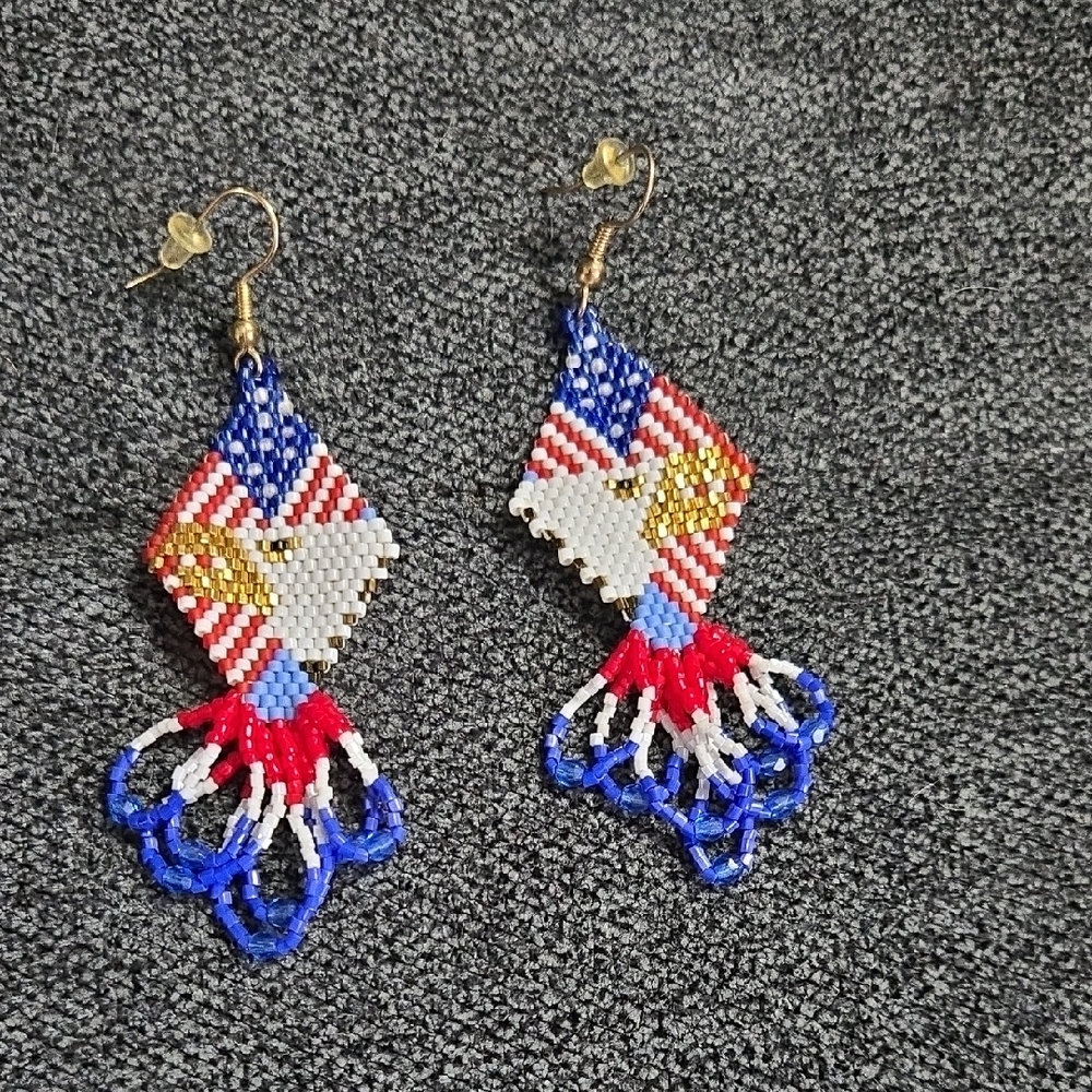 Handcrafted Patriotic Beaded Earrings - American Eagle with Red, White & Blue